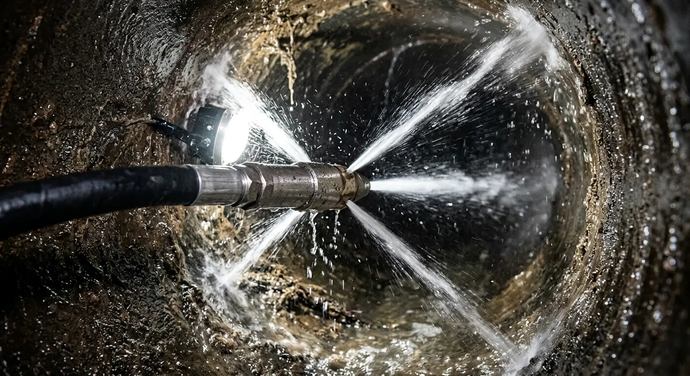 High-pressure hydro jetting nozzle cleaning sewer pipe for Emergency Drain Service in Collegedale