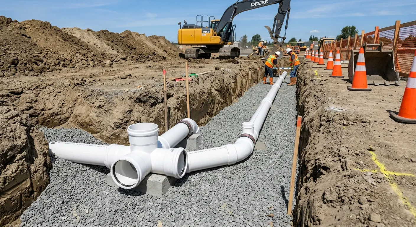 New PVC sewer pipe installation in open trench for Commercial Drain Cleaning in Collegedale