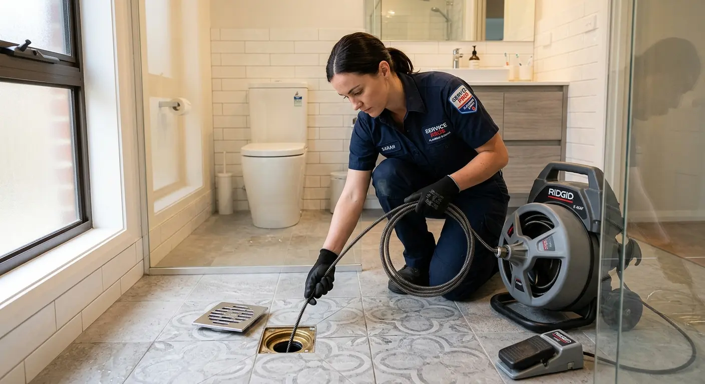 Technician clearing a bathroom floor drain for Clogged Drain Repair in Collegedale